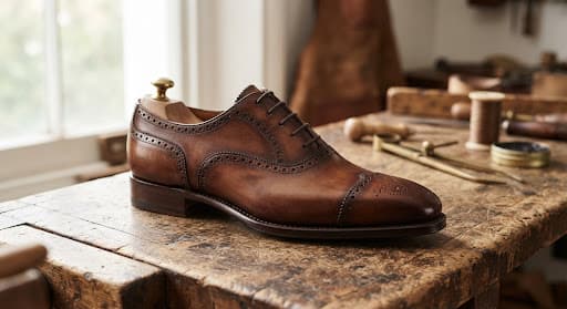 Antique chestnut Adelaide oxford with U-throat broguing on a vintage workbench