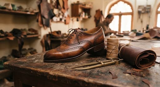 Hand-burnished brown leather oxford on a walnut workbench beside brass calipers, waxed linen thread and rolled calf hide
