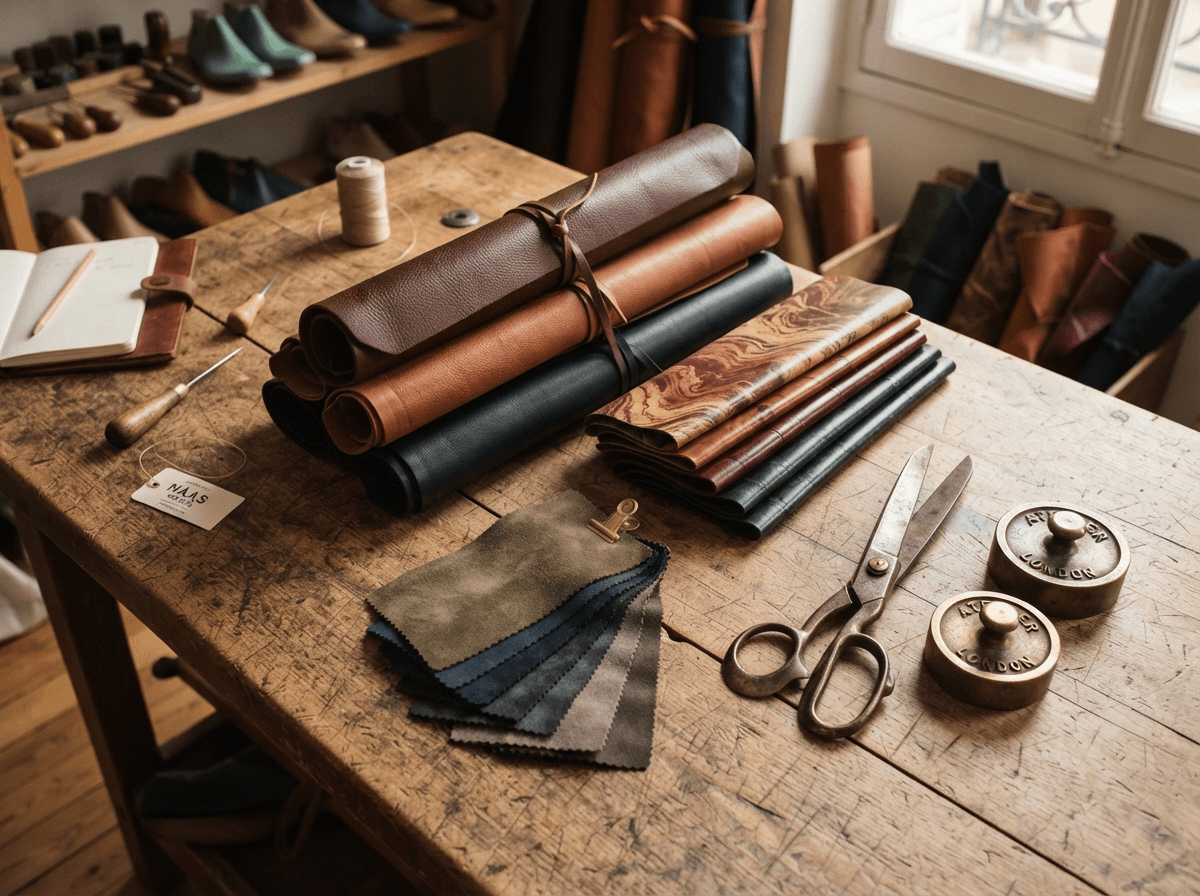 Full-grain rolled leather hides, pattern shears, and swatch samples spread over a rustic timber worktable in Māhikar Atelier