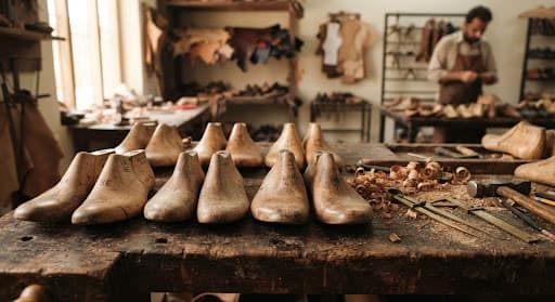 Hand-carved hornbeam and beechwood shoe lasts arranged on a workbench beside brass calipers