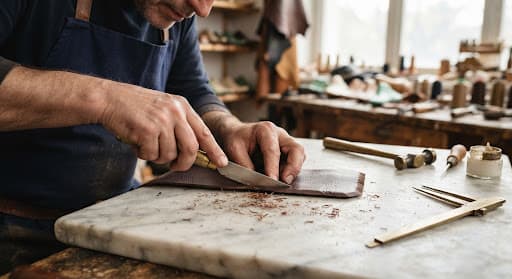Artisan hands thinning the margin of French box calf with a skiving knife on marble