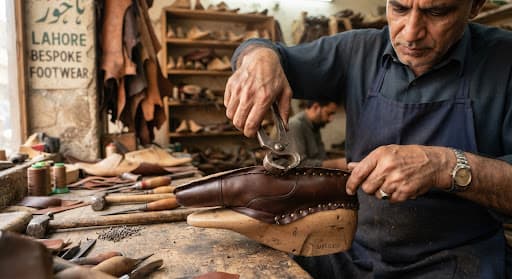 Leather upper being drafted over a wooden last with lasting pincers and brass tacks