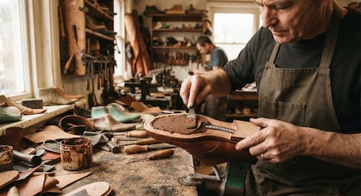 Granulated cork being pressed into the cavity of a welted sole with a steel shank at the arch