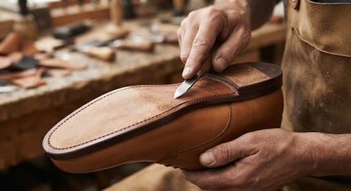 Oak-bark outsole being bevelled along the waist with an edge shaping tool