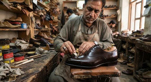Polisher applying wax to the toe cap of an espresso oxford to a mirror shine